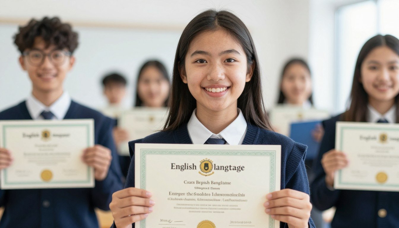 Confident English language learner celebrating success