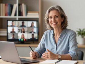 Online English teacher conducting live virtual class