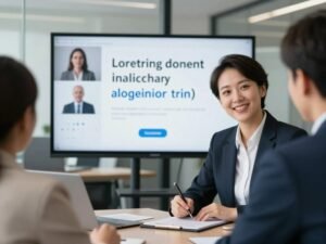 Professional using business English in virtual meeting