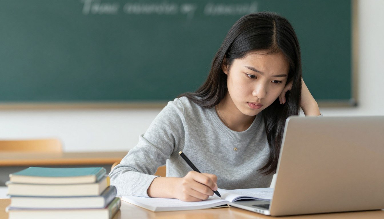 Student overcoming English learning challenges with determination