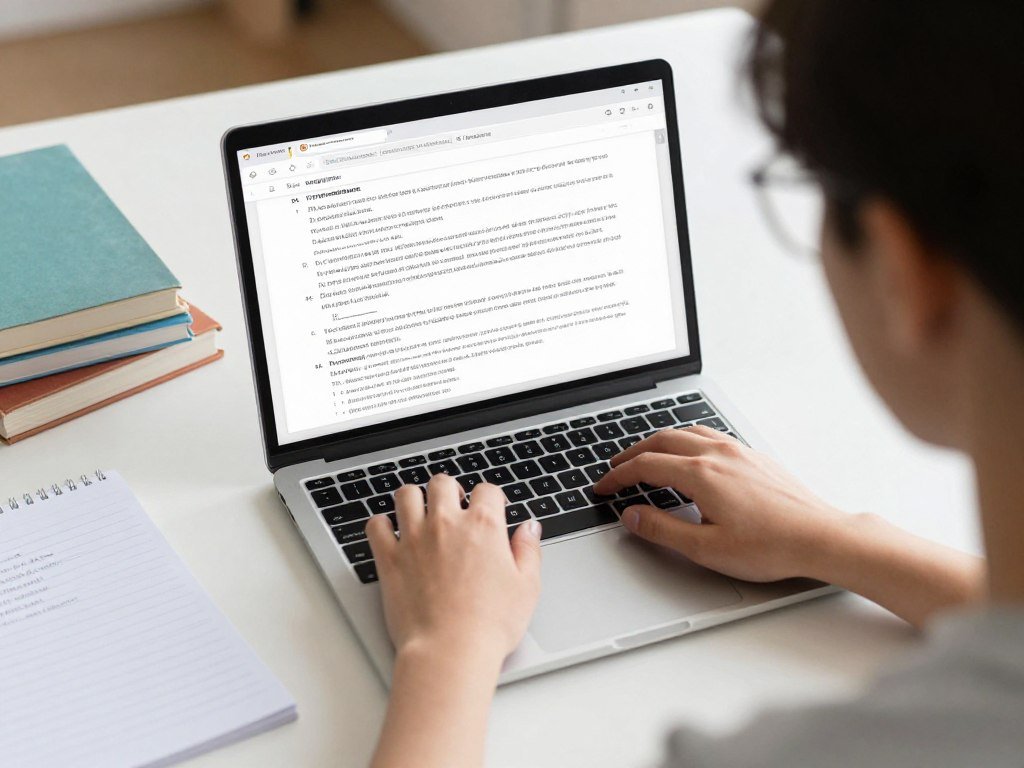 Student writing English essay on laptop