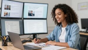 Successful online English student using effective study techniques