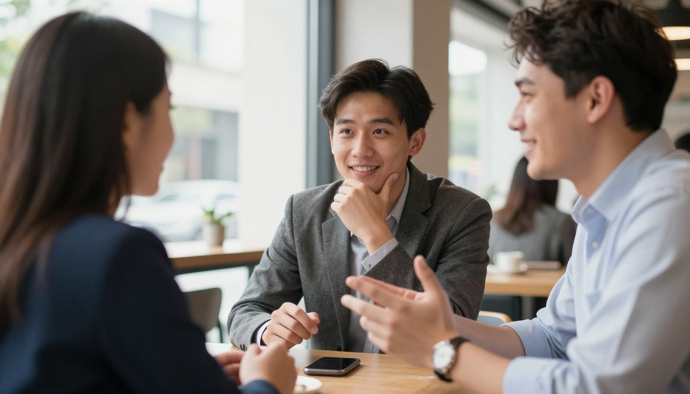 Two people practicing English conversation in a café setting