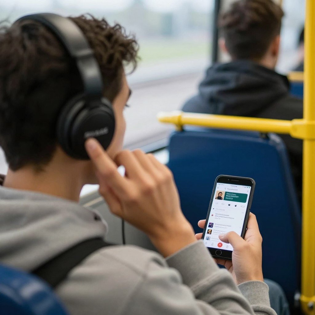 person listening to English podcast on headphones person listening to English podcast on headphones