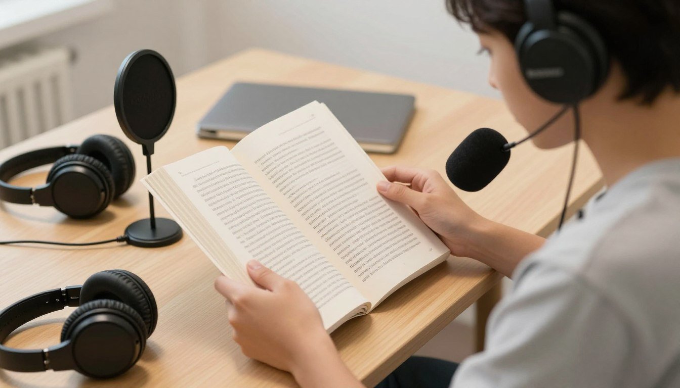 person reading aloud from a book while recording person reading aloud from a book while recording