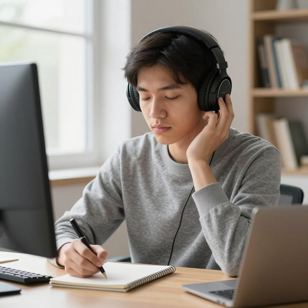 person wearing headphones actively listening to English audio person wearing headphones actively listening to English audio