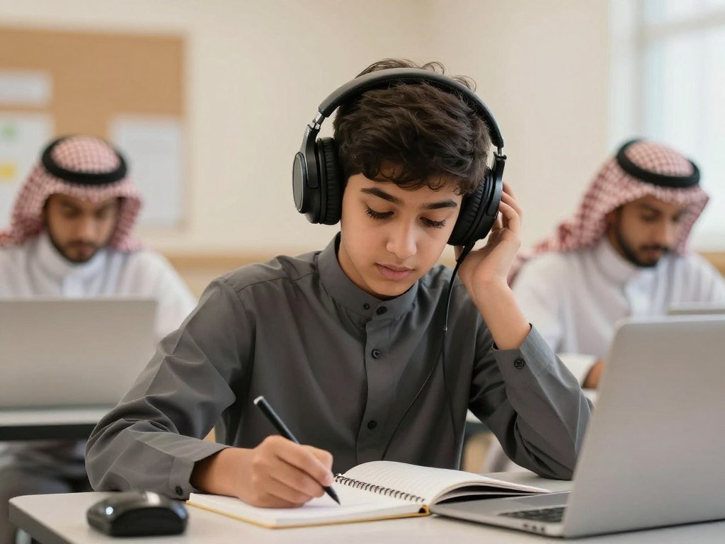 شخص يستمع بانتباه لمحادثة إنجليزية عبر سماعات الأذن
