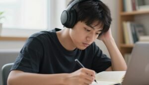شخص يستمع لمحتوى إنجليزي عبر سماعات الأذن بتركيز شخص يستمع لمحتوى إنجليزي عبر سماعات الأذن بتركيز