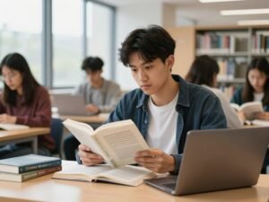 طالب جامعي يقرأ كتباً باللغة الإنجليزية في مكتبة حديثة طالب جامعي يقرأ كتباً باللغة الإنجليزية في مكتبة حديثة