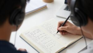 طالب يدون ملاحظات أثناء الاستماع لمحتوى إنجليزي طالب يدون ملاحظات أثناء الاستماع لمحتوى إنجليزي